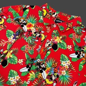 Disney Hawaiian Shirt Mens Large Red Mickey Mouse Surf Tropical Button Up
